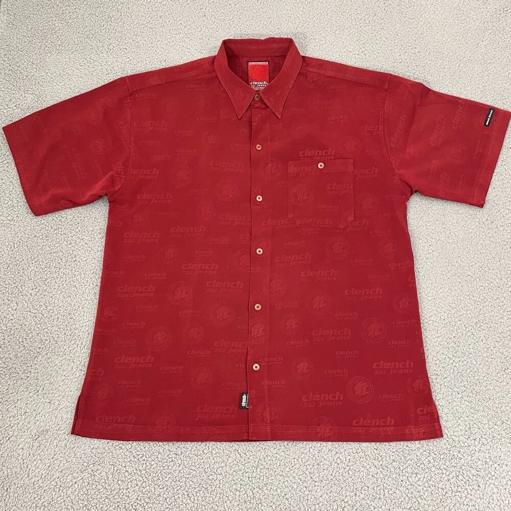 VTG Clench 701 Jeans Shirt‎ Men XL Y2K Skater Short Sleeve AOP Button Front